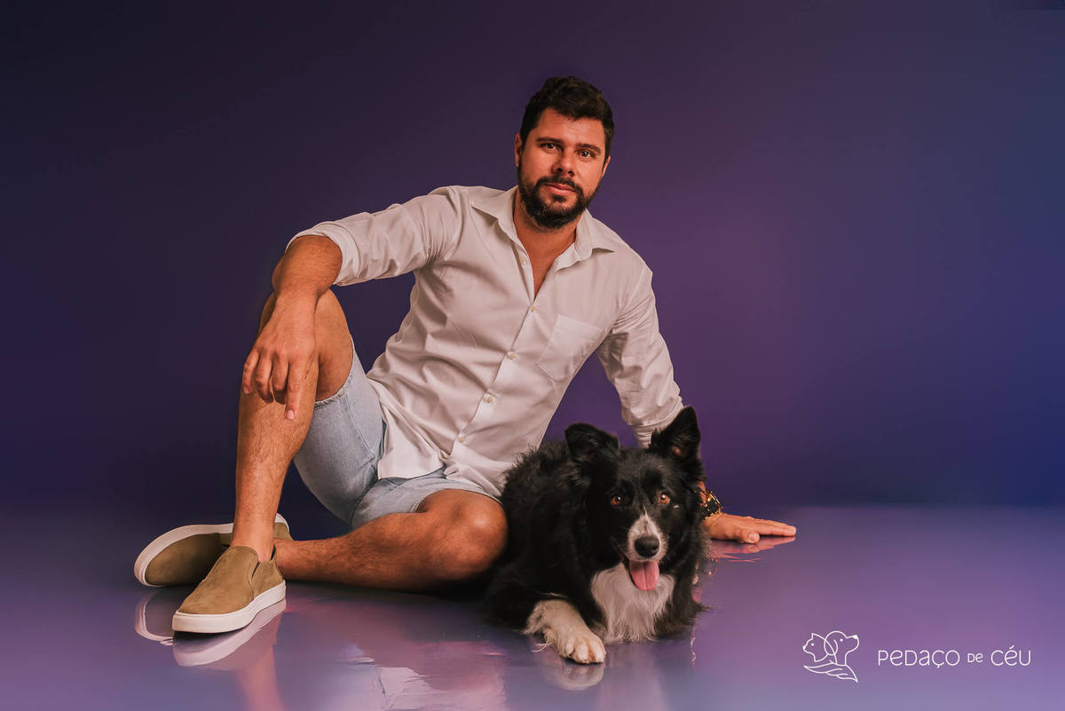Border collie de 6 anos em ensaio fotográfico divertido no estúdio pet RJ