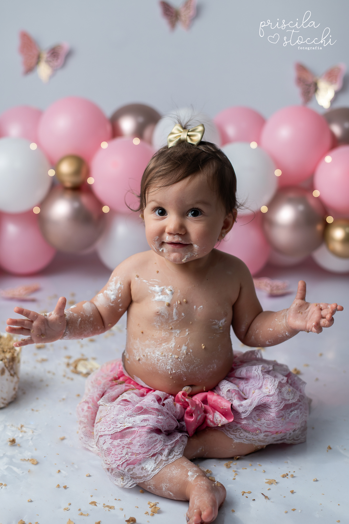 smash the cake rosa e dourado borboletas 1 ano
