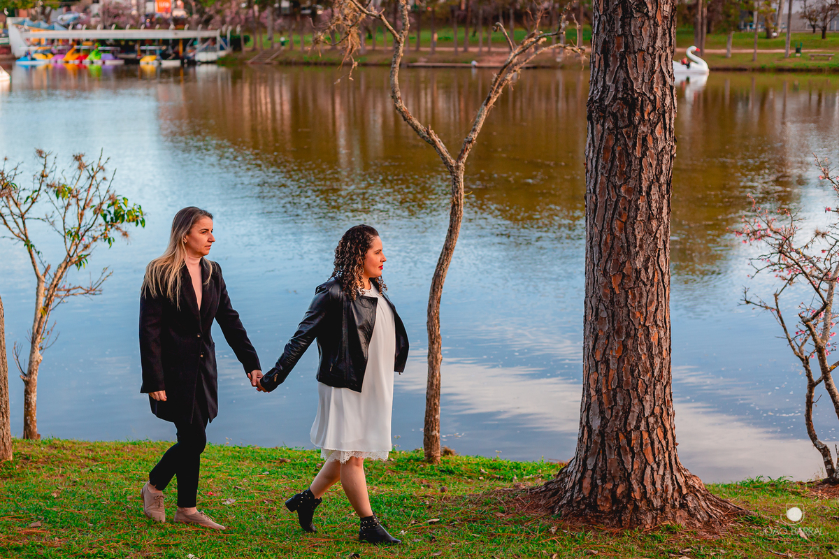casal gay de mulheres andando de mãos dadas próximo do lago