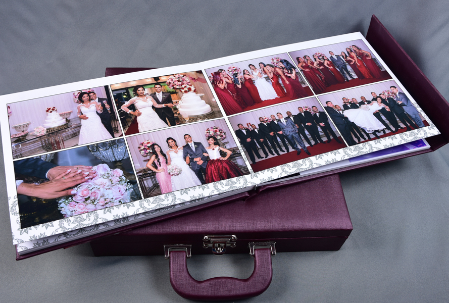 Álbum 24x60  e outros tamanhos, capa com foto na frente e fechamento de imã revestido com courino e maleta