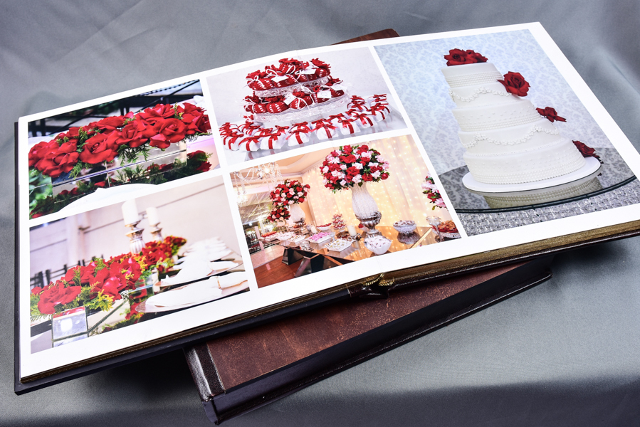 Álbum 30x60 e outros tamanhos, capa com visor de foto em papel metalizado e protegida por acrílico, feito em madeira, com pintura dourada nas páginas, nome dos noivos entalhado a laser e caixa com a logo dos noivos entalhada a laser