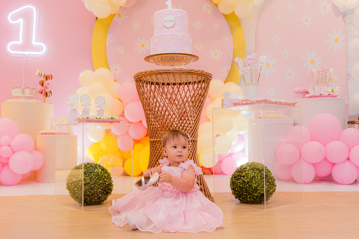festa de um aninho menina tema margaridas cor de rosa