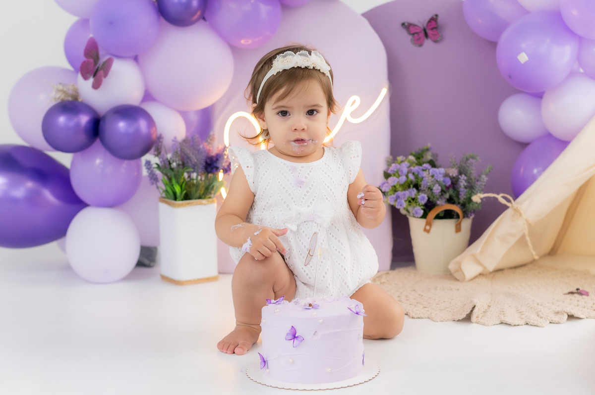 smash the cake roxo e lilas com borboletas