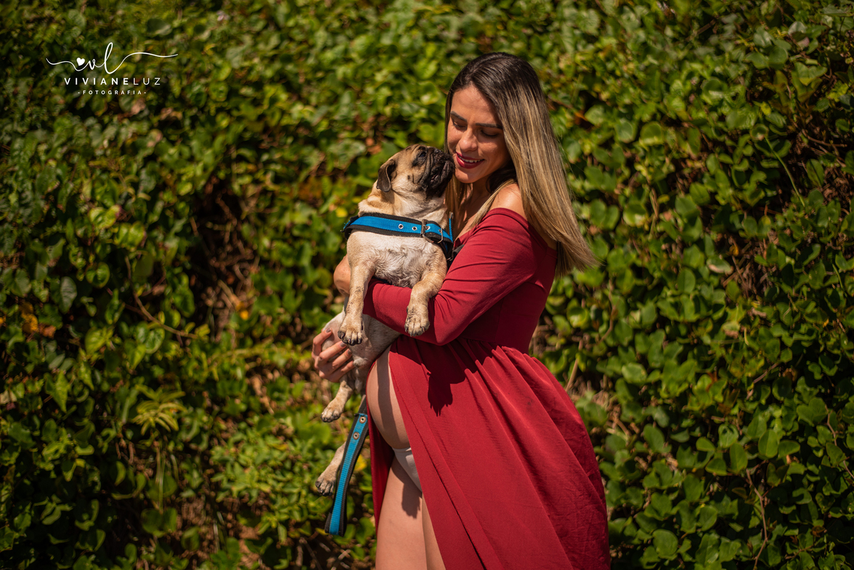 ensaio gestante com pet cachorro pug a espera da maninha