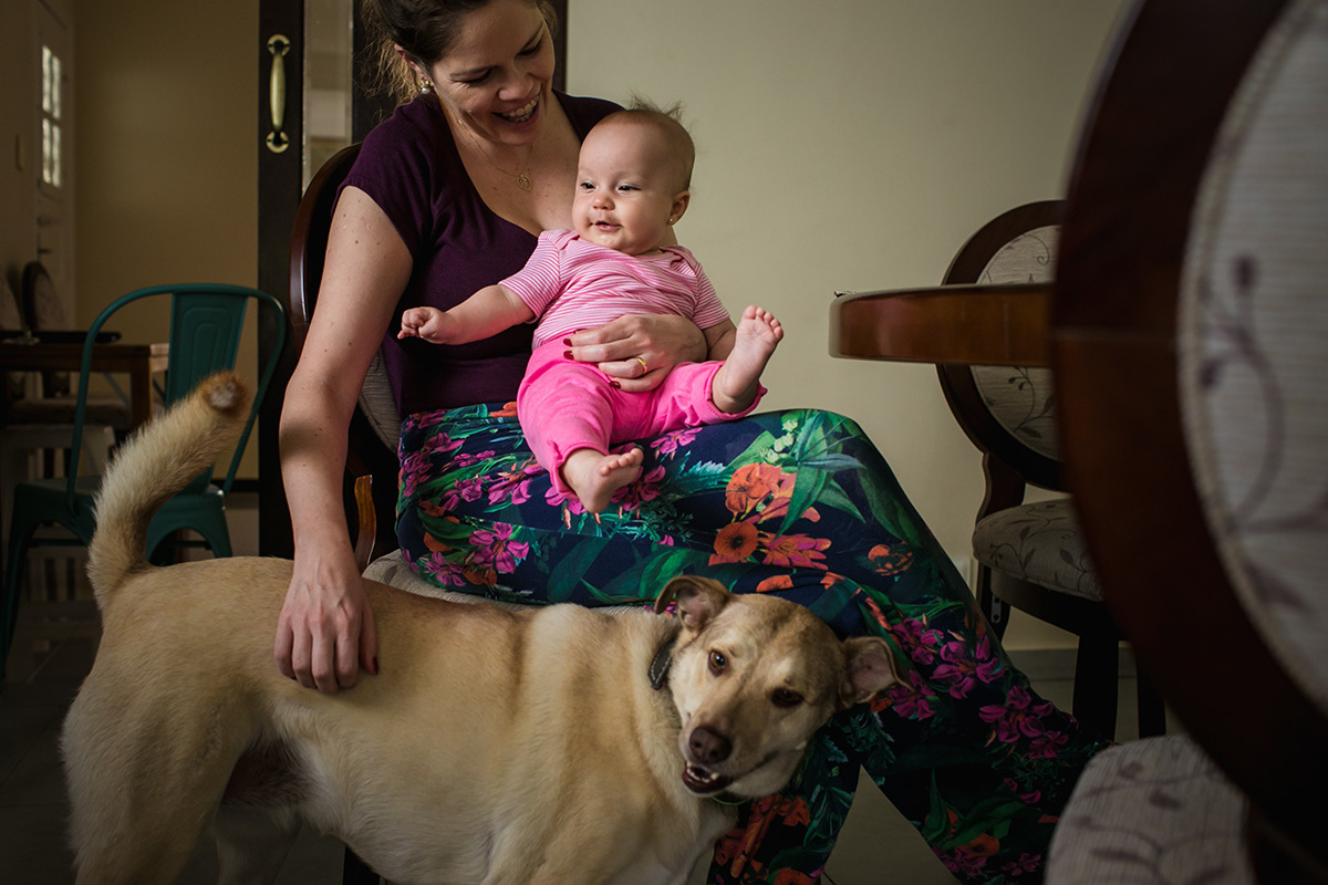 bebê no colo da mãe se divertindo com o seu cão, por adrianacostafotos