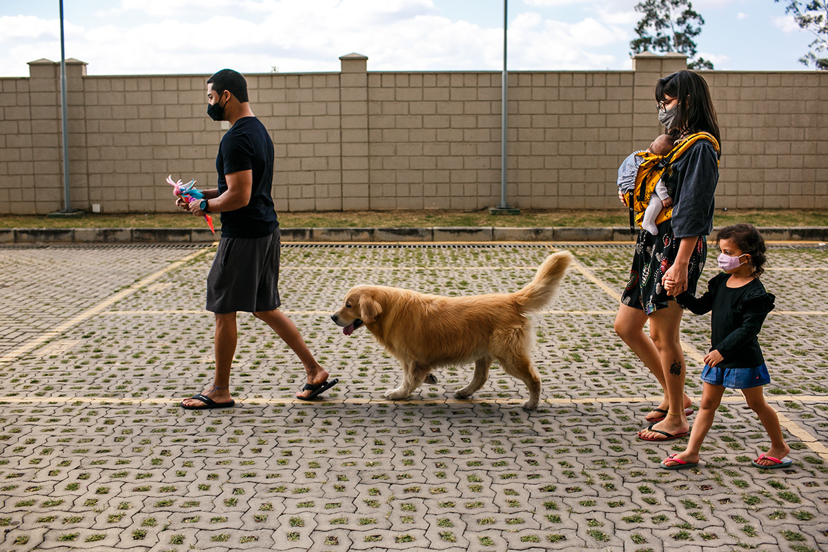 família com bebê recém-nascido sai para passear com o cachorro em foto de Adriana Costa