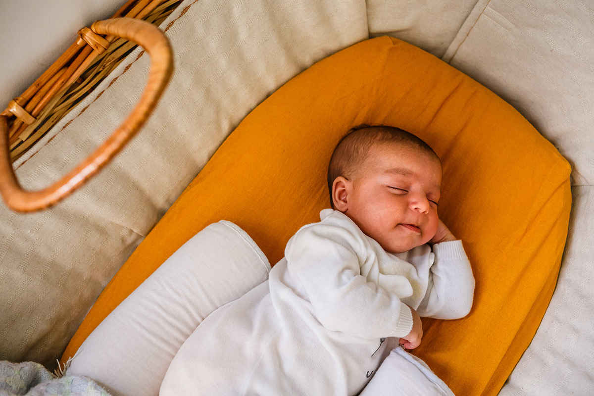 bebê dormindo em seu berço moises de vime
