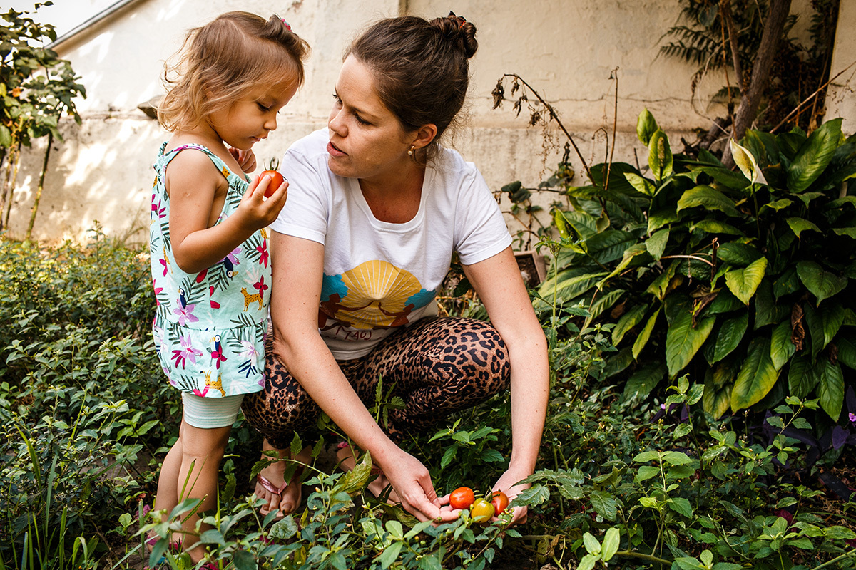 mãe e filha colhem tomate da horta em casa em foto de Adriana Costa