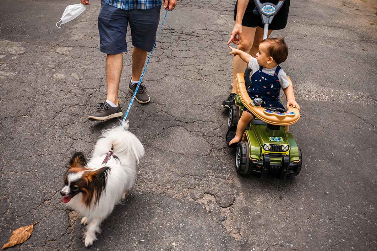 passeio na rua da família, o cachorro e seu bebê de 1 ano