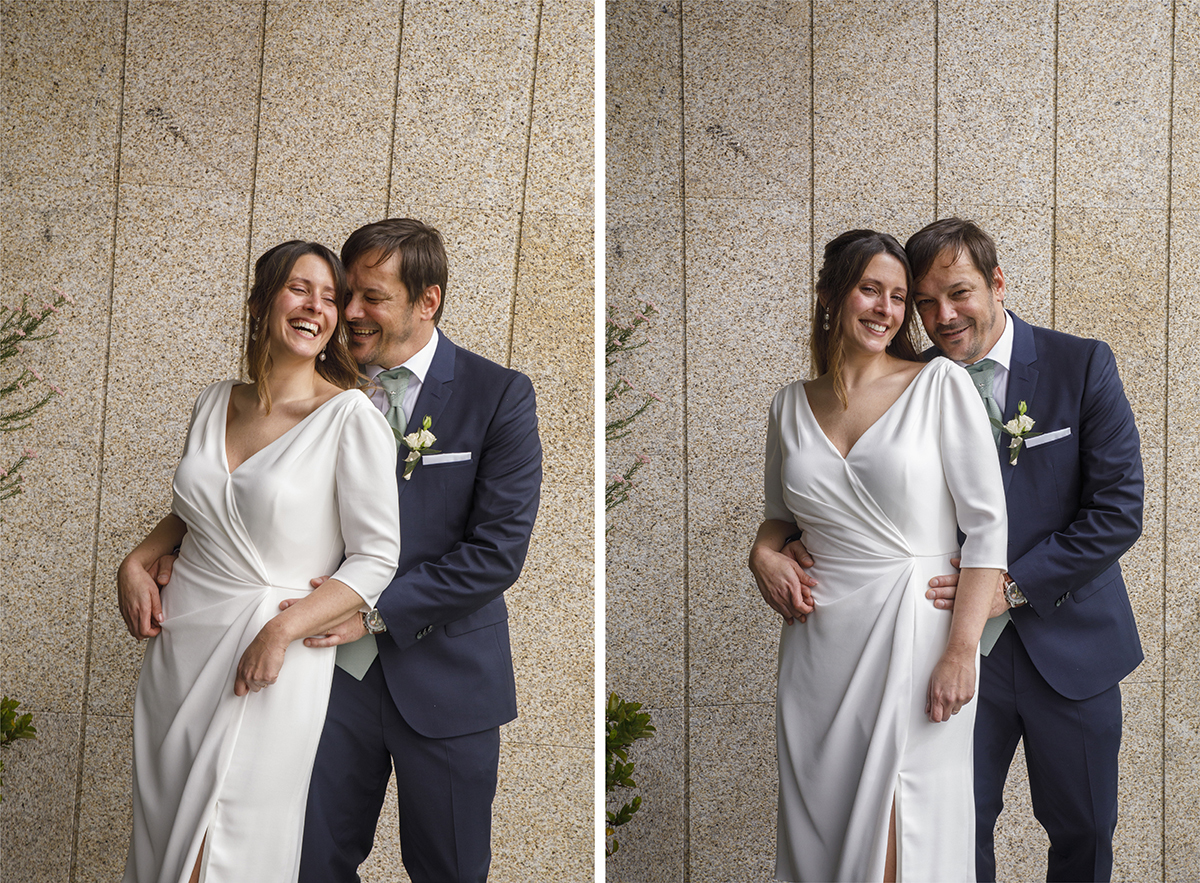 Entre gargalhadas, Nuno abraça Rita por trás. Numa segunda imagem, com a cabeça encostada, os dois olham para a câmara de Ricardo Coimbra Fotografia, partilhando um sorriso cúmplice.