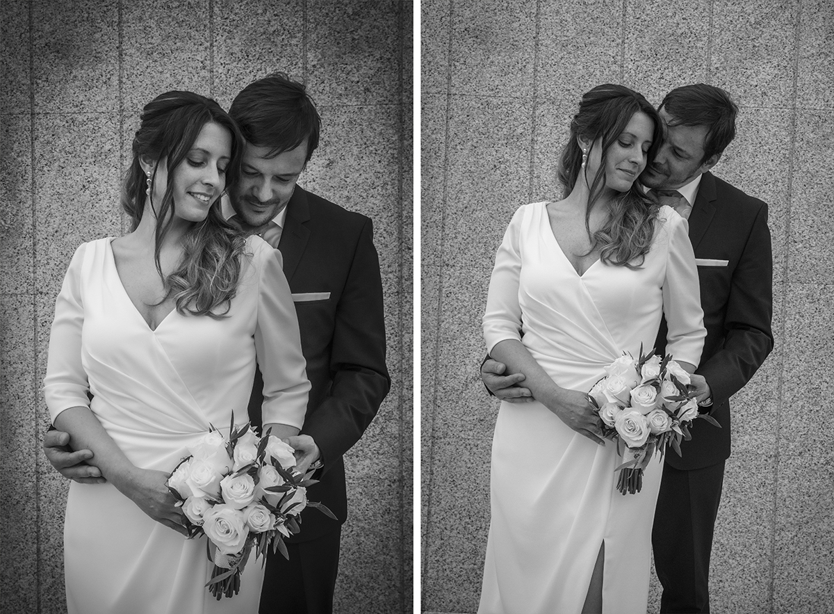 Em dois registos a preto e branco, Nuno abraça Rita por trás enquanto ela segura o bouquet. No primeiro, ambos olham para o chão, cabeças lado a lado. No segundo, Nuno aproxima-se ainda mais, quase a beijar-lhe a bochecha.