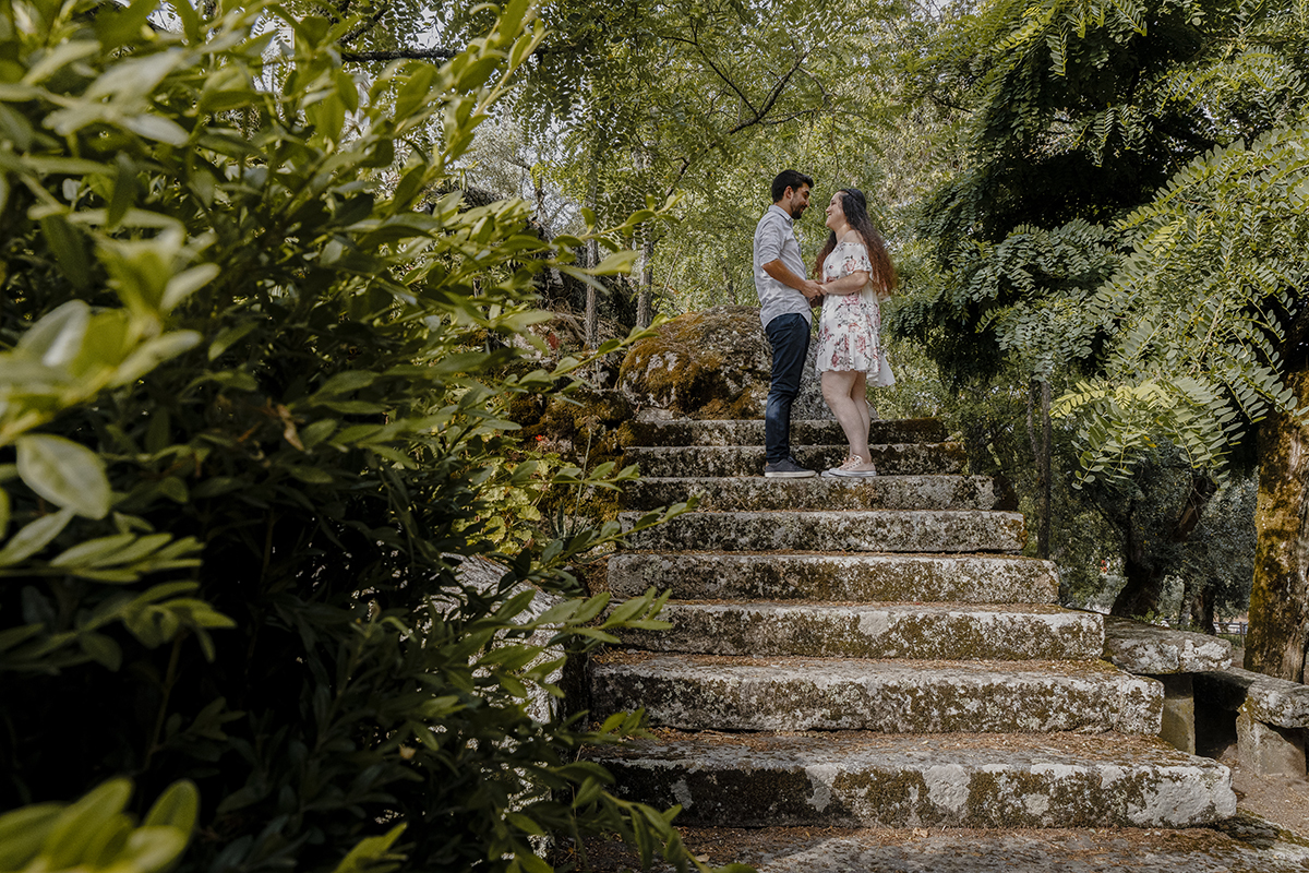 Entre arbustos verdes, os dois na escada olham-se de perfil, mãos dadas, numa troca séria mas cheia de felicidade, como se o tempo parasse naquele instante.