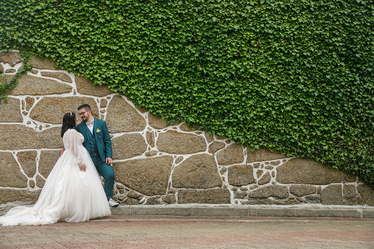 Eles olham-se apaixonadamente do lado esquerdo da imagem enquanto a parede à direita se transforma numa moldura com trepadeiras que sobem gradualmente, criando uma fusão perfeita entre natureza e emoção.