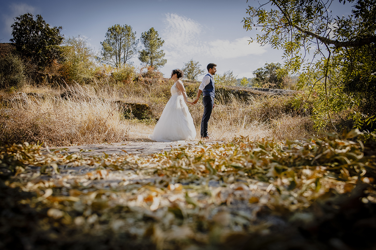 De corpo inteiro, de costas um para o outro, mas de mãos dadas, olhando para a frente com cabeças erguidas, em um cenário com folhas amarelas e verdes no chão.