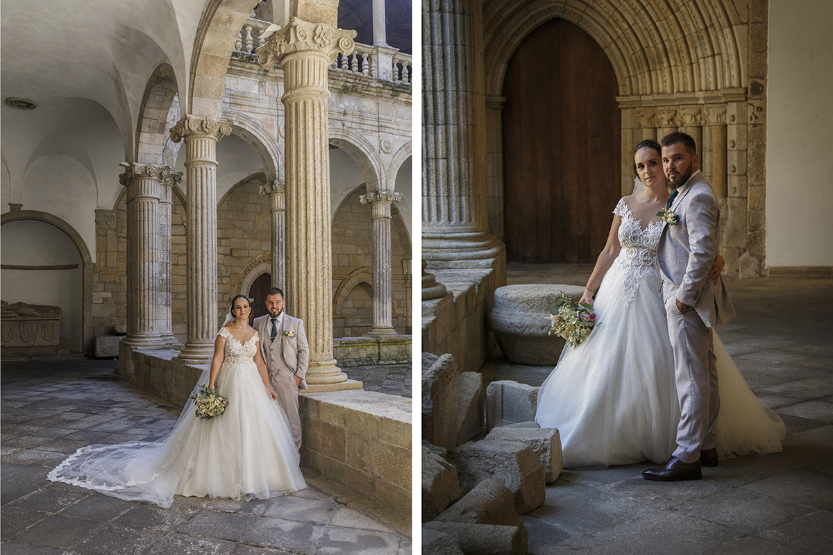 Duas imagens que celebram o amor simples: na primeira, lado a lado junto ao muro, sorriem com o vestido a fluir; na segunda, ela de frente e ele de perfil, em perfeita harmonia.