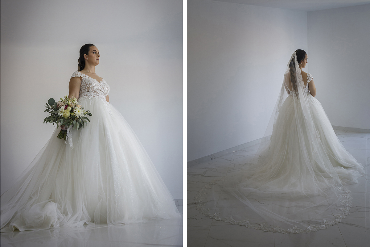 Aqui vemos Marta envolta em branco, de frente e ligeiramente de lado, com o olhar voltado para o alto e o bouquet na mão como se procurasse esperança no céu, e na imagem seguinte, de costas, o vestido estende-se como um rio de tule em silêncio.