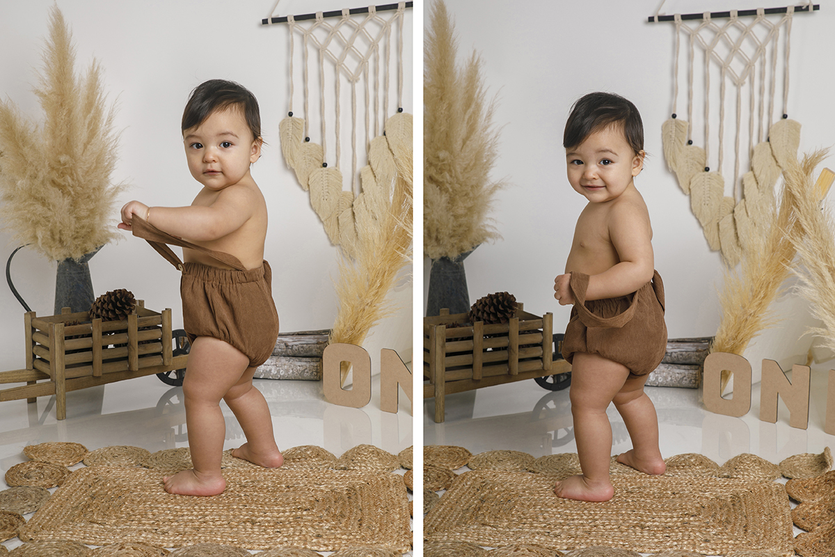 Duas fotos onde Daniel está em pé e de lado. Numa segura a alcinha do fato e encara a câmara com seriedade; na outra, presenteia-nos com um sorrisinho maroto. Um verdadeiro mini-modelo!