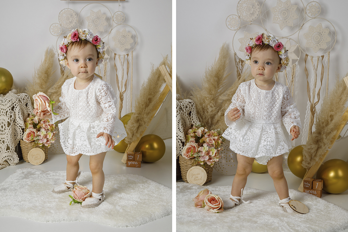 Em pé, Constança mostra duas versões de si mesma: numa mão segura delicadamente flores, noutra fecha as mãos com firmeza e olha para os lados, como se decidisse entre a ternura e a aventura.