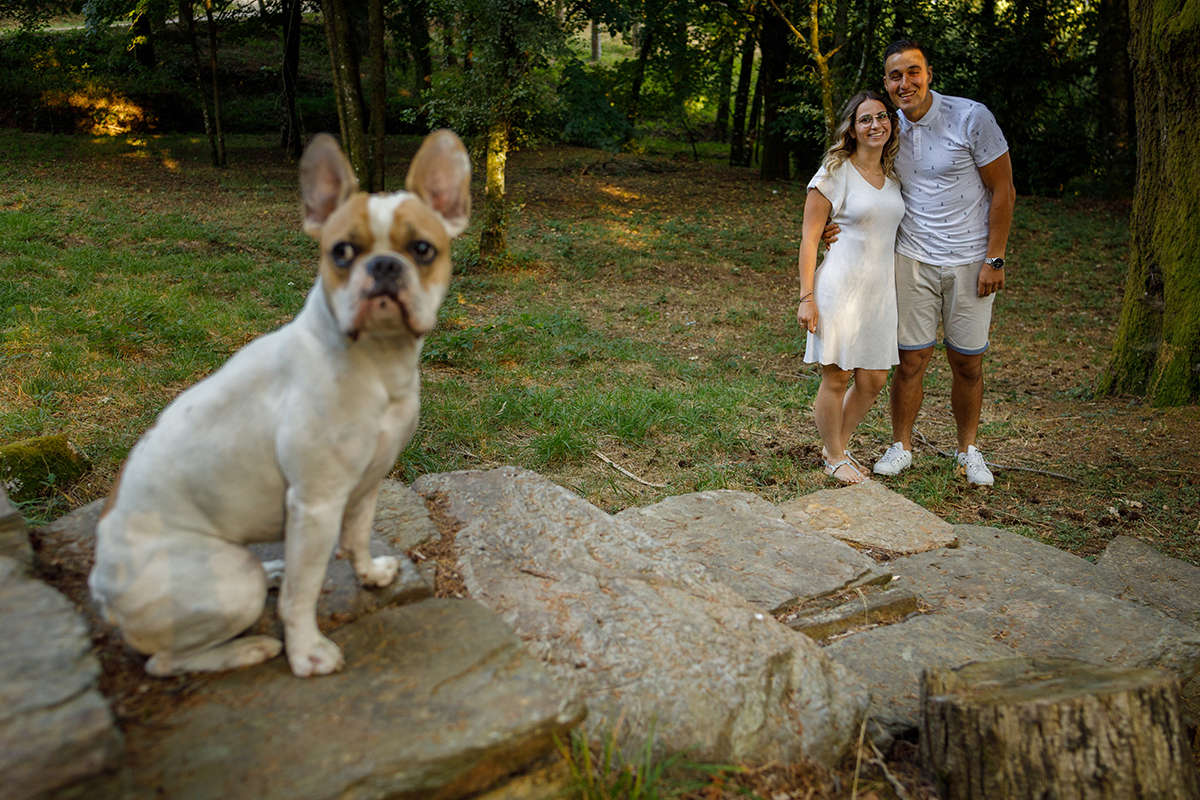 Numa paisagem verde com escadas em pedra, o cãopanheiro dos pombinhos está sentado no cimo, a olhar para o lado. Do lado direito da imagem, Jorge e Sabrina surgem lado a lado, felizes e a sorrir para a câmara.