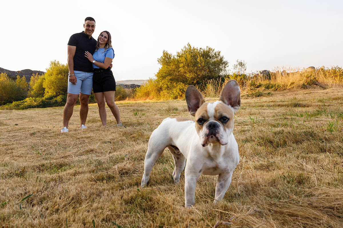 Do lado esquerdo da imagem, Jorge e Sabrina estão lado a lado. Sabrina pousa a mão na barriga de Jorge. Ao centro, o cãopanheiro volta a captar as atenções, com o seu ar sério e atento.