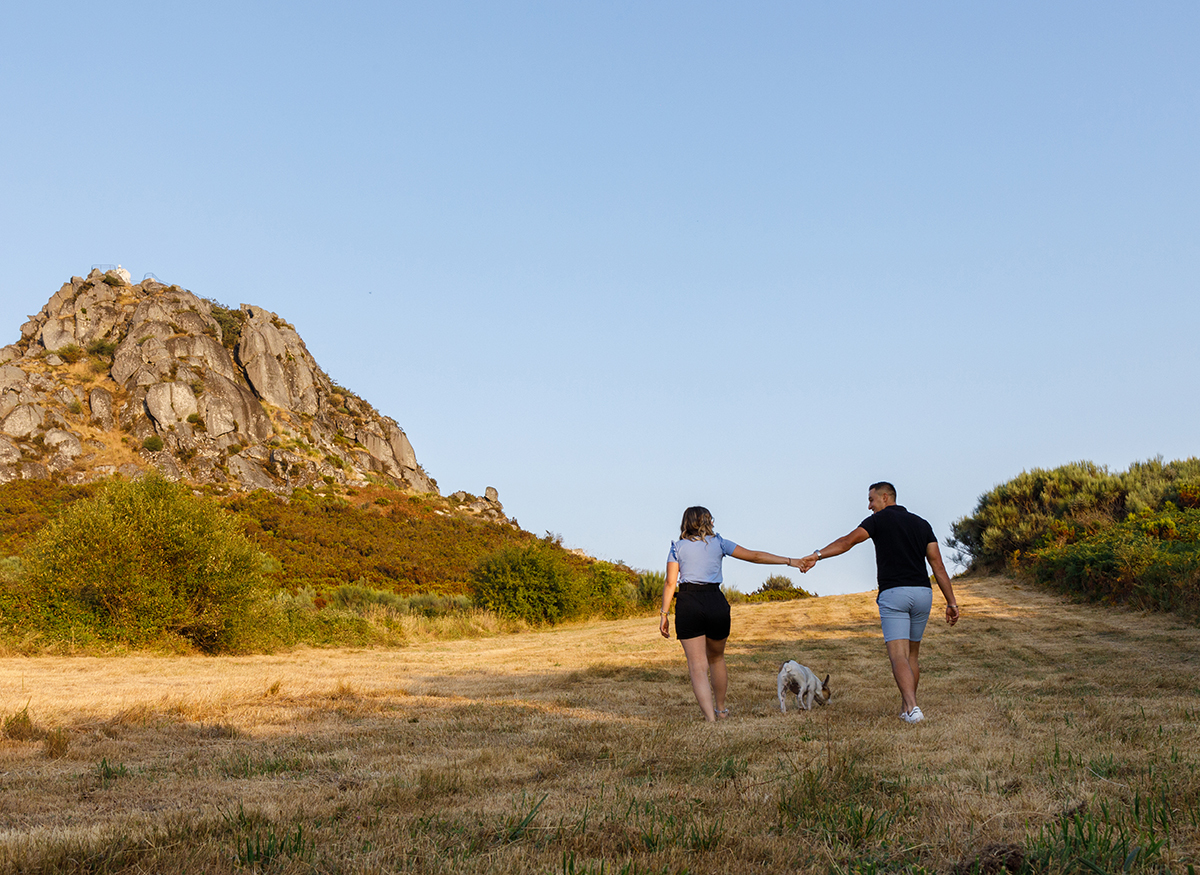 Do lado esquerdo vê-se uma rocha alta. Do lado direito, os dois caminham de mãos dadas com o cão entre eles. Um momento de ligação entre os três, visto de costas, enquanto trocam olhares apaixonados.