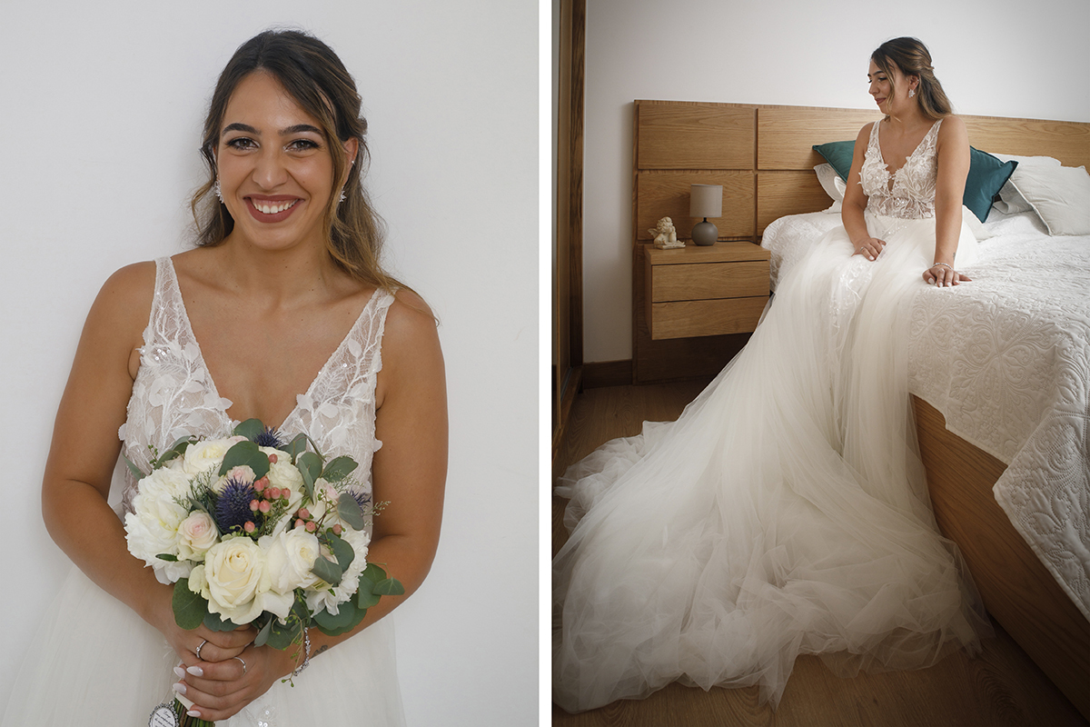 Duas fotos contrastam serenidade e alegria. Na primeira, a noiva sorri com o bouquet ao colo, encostada a uma parede branca. Na segunda, sentada sobre a cama, o vestido escorre pelo chão como água suave, e o olhar repousa no horizonte.