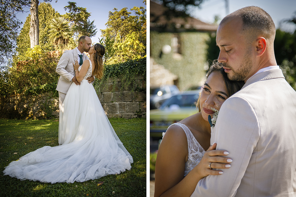 Um beijo cinematográfico, Patrícia inclinada nos braços de Bruno. Noutra imagem, ela encosta-se ao peito dele, sorrindo com leveza, enquanto ele protege o momento com serenidade.