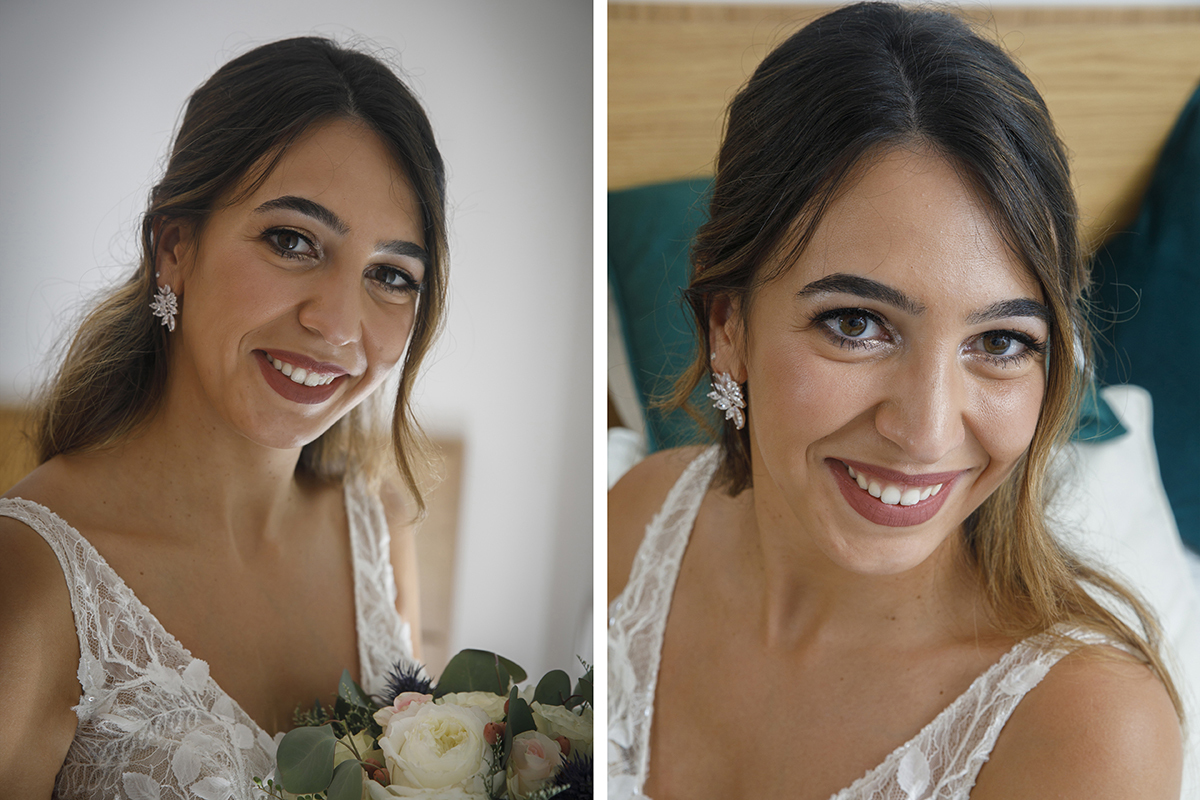 Em duas imagens encantadoras, vemos Patrícia: numa, de lado, com um sorriso encantador e o bouquet ao colo; noutra, mais próxima, sorri com os olhos, num instante de luz suave e amor próprio.