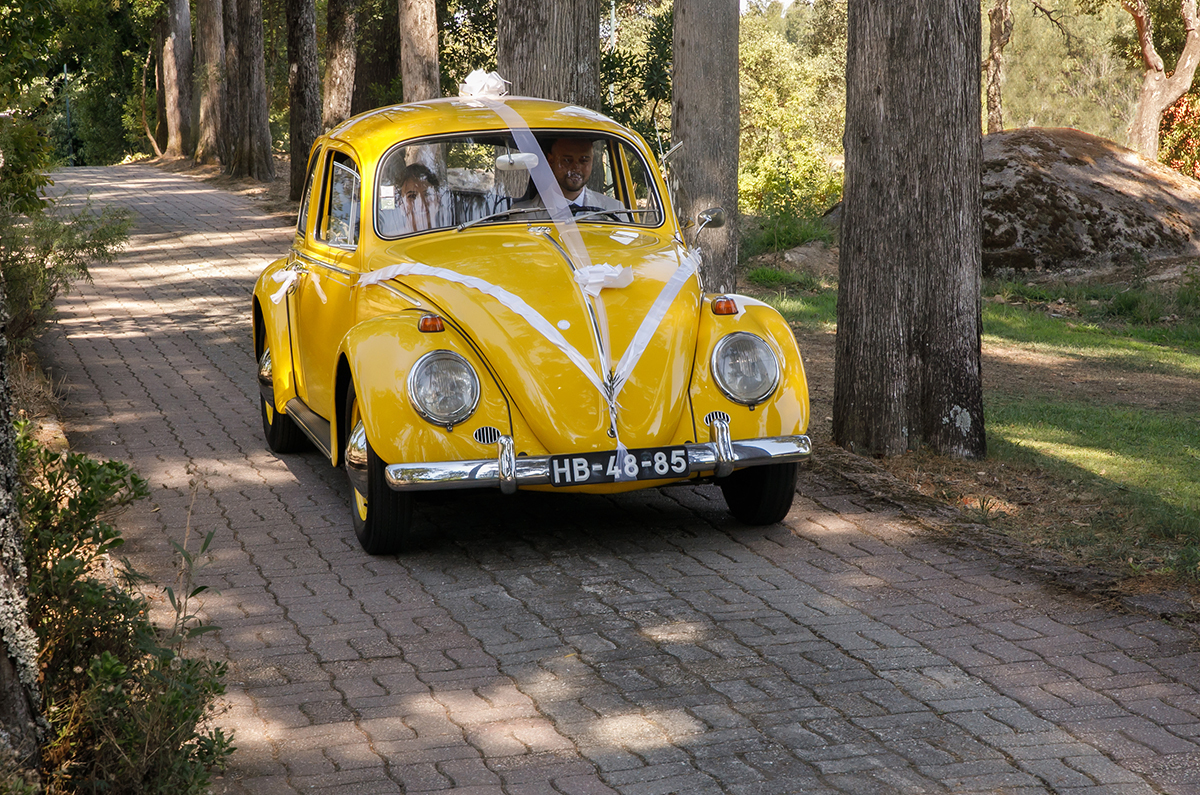 Um VW Carocha amarelo percorre um caminho ladeado de verde, transportando os sonhos e a alegria de um amor em viagem.