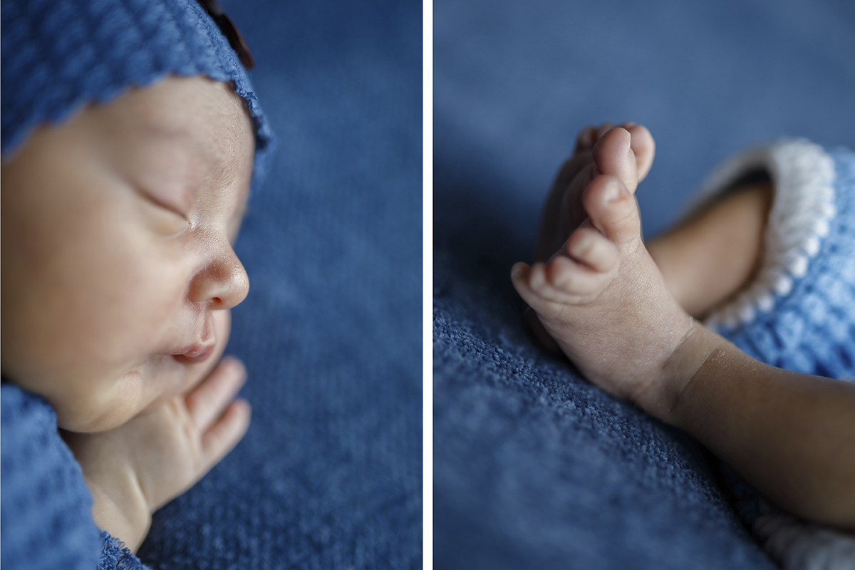  Em duas imagens detalhadas, a primeira mostra a carinha de Daniel a dormir com a mão junto ao rosto. Na segunda, os pezinhos delicados ganham destaque, com os calções rendados em azul e branco a completarem o encanto.