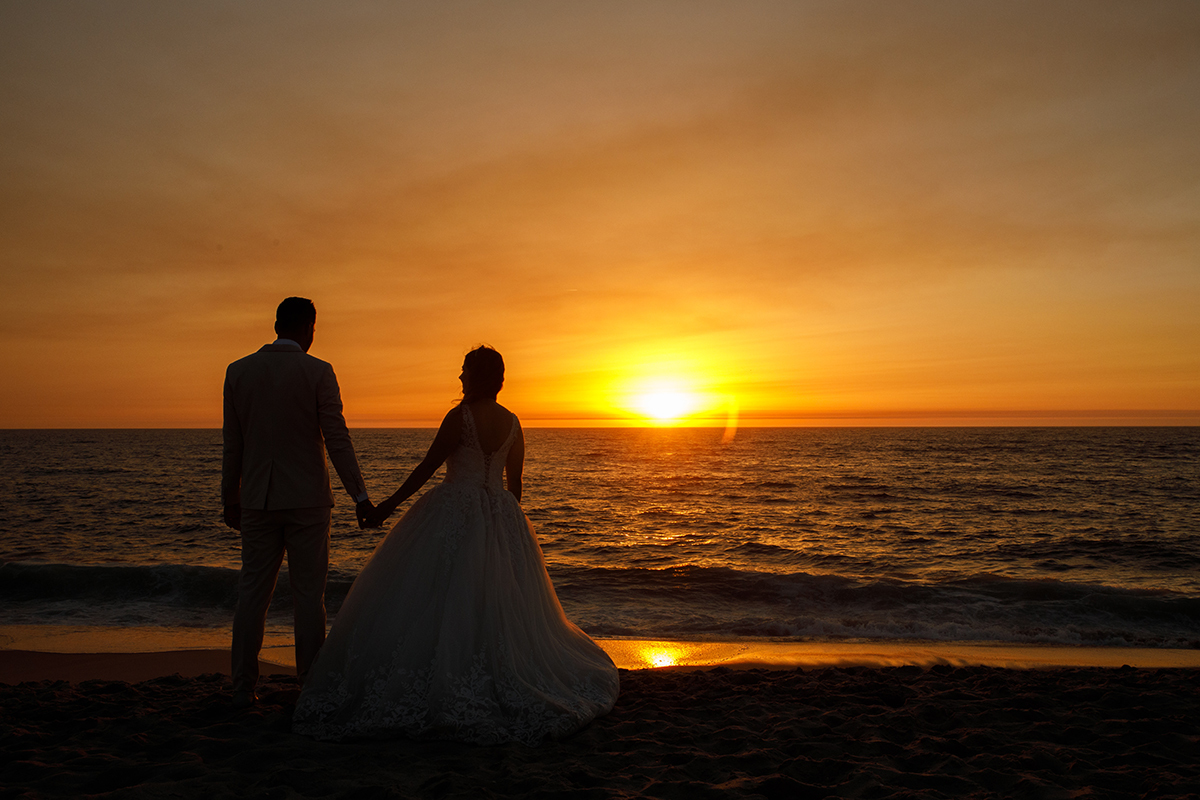 Uma nova silhueta mostra-os de costas, de mãos dadas, a disfrutar da vista sobre o pôr do sol na praia.