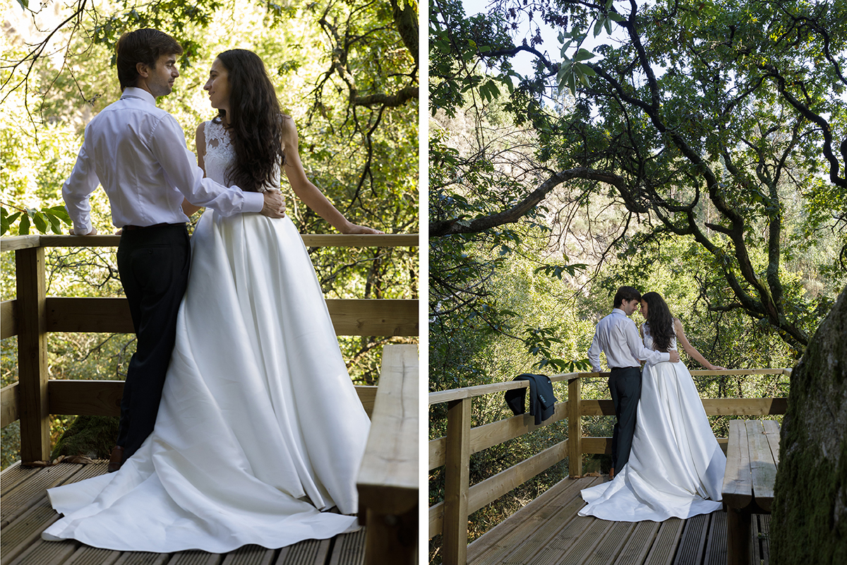 Numa sequência de duas imagens, primeiro observamos um olhar apaixonado entre os dois, lado a lado com as mãos no corrimão. Na segunda, de costas, partilham um abraço cúmplice, com as testas a tocarem-se. Um detalhe bonito: o casaco do noivo ao lado.