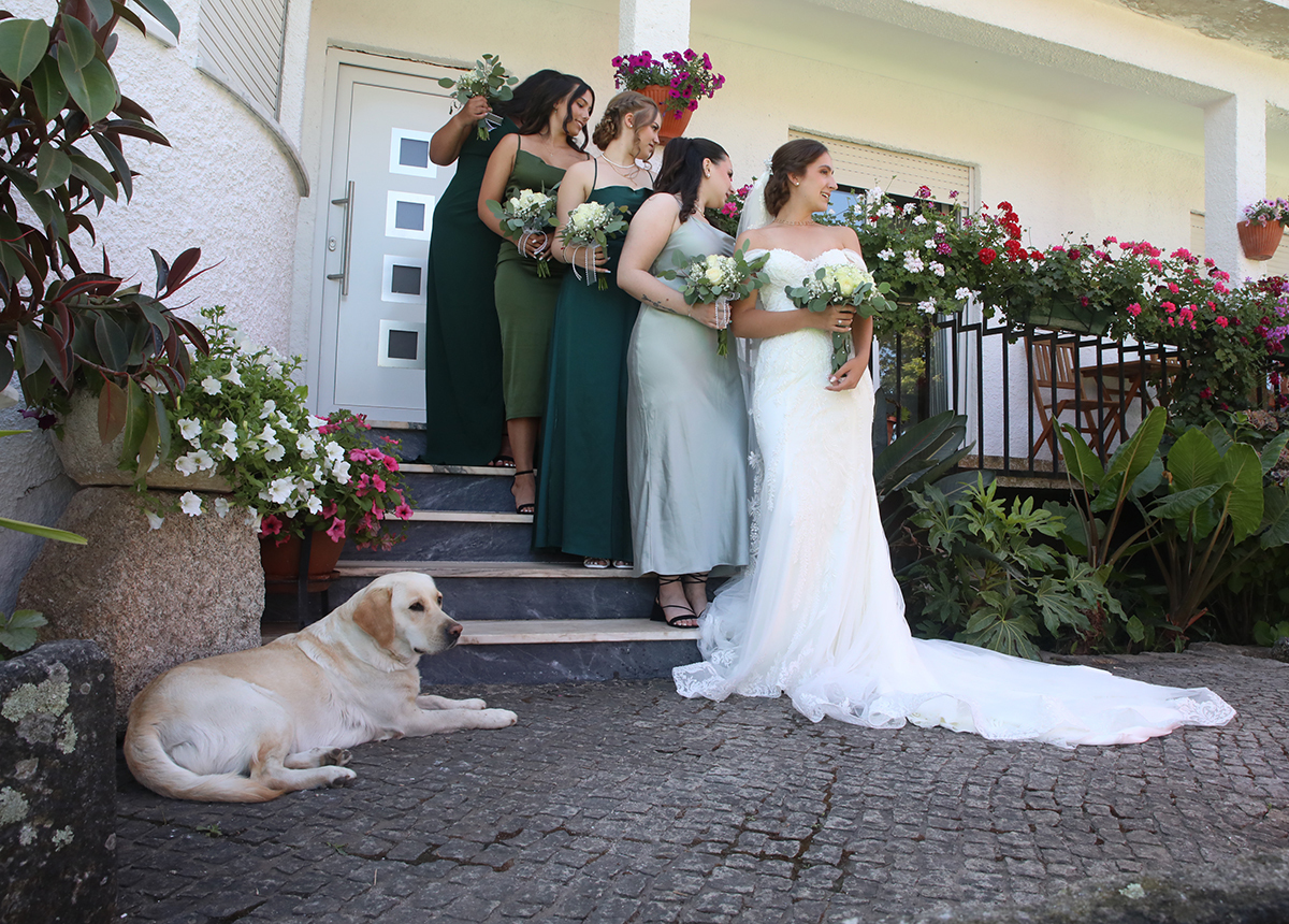À entrada de casa, a noiva e amigas distribuídas pelas escadas, com um cão a completar a cena verde e vibrante.