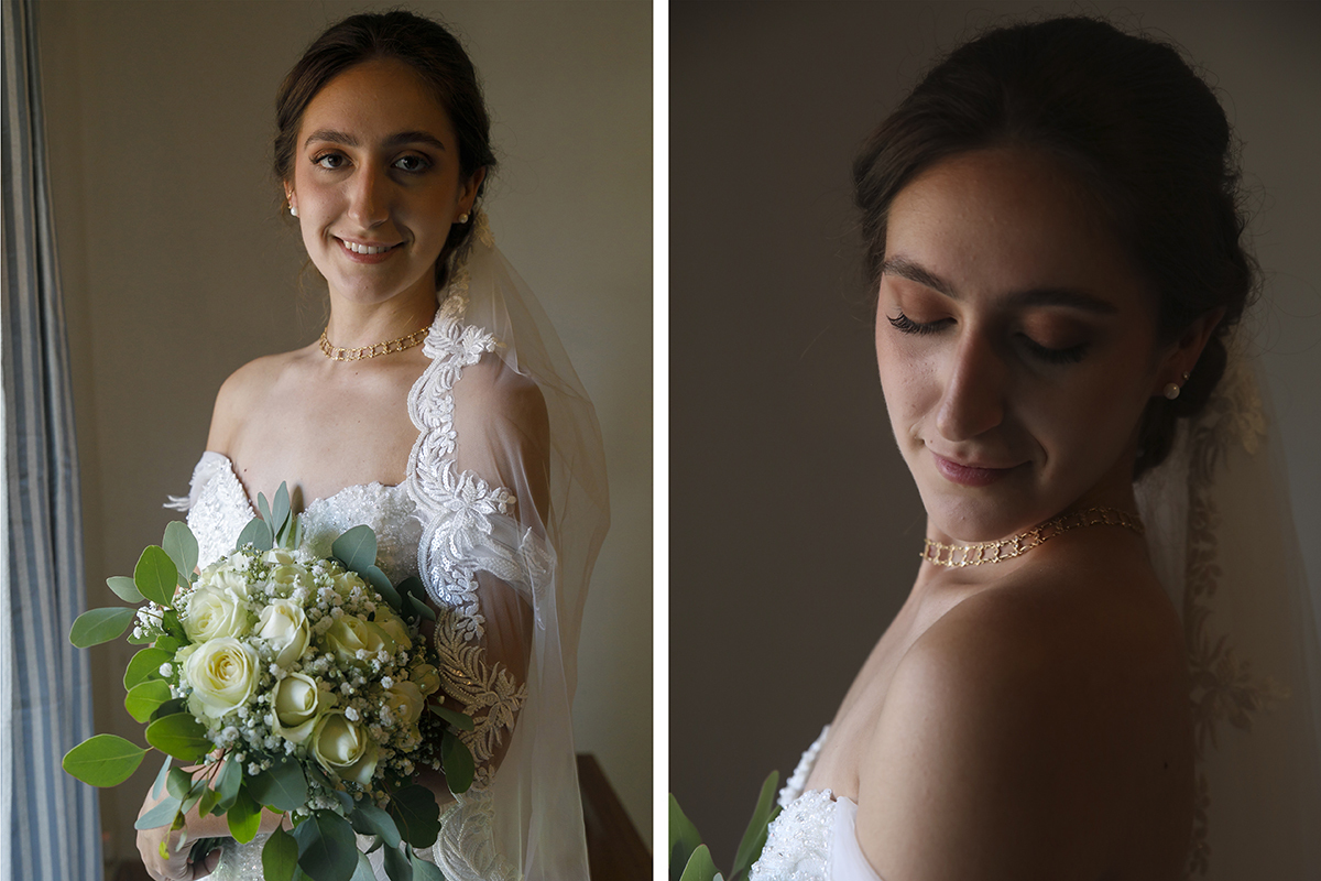 Carolina encostada à parede: numa foto sorri com o bouquet, noutra fecha os olhos num momento íntimo.