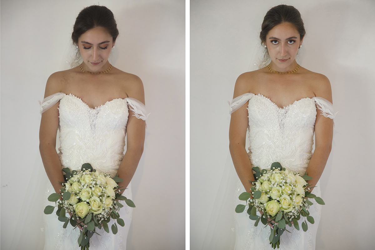 Em duas fotos no mesmo cenário, Carolina alterna entre olhar para baixo e para cima.