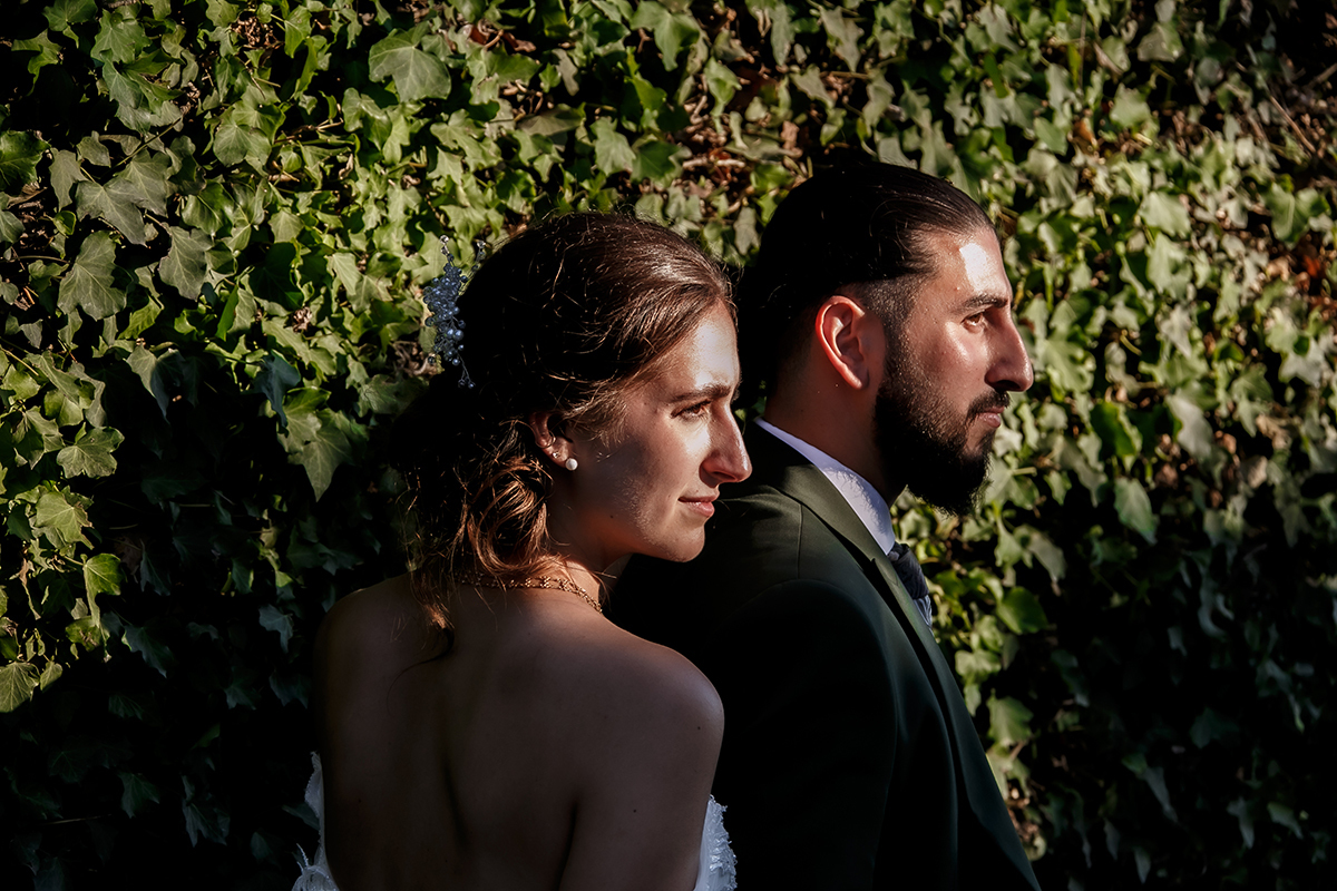 Encostados a um muro de trepadeiras, sérios mas felizes, iluminados pelo sol.