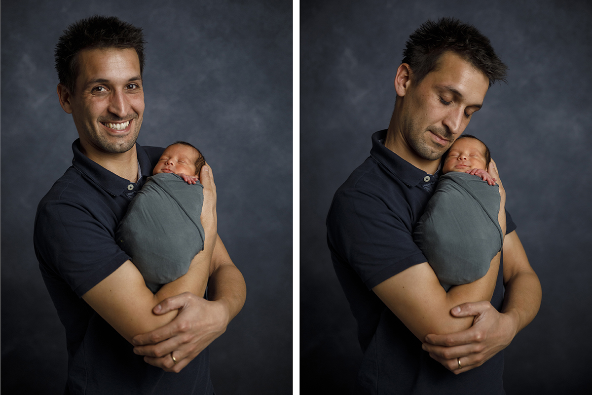 Nestas duas fotos, na primeira o pai segura Gabriel ao colo, ligeiramente de lado, sorrindo para a câmara enquanto o bebé dorme; na segunda, mantém a posição, mas agora com a cabeça encostada à do filho, num momento de reflexão com os olhos fechados.