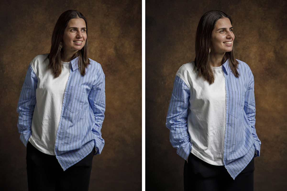 Em duas fotos, Sónia surge com as mãos nos bolsos e um sorriso discreto. Numa está virada para a esquerda, noutra para a direita, sempre com um olhar sereno.