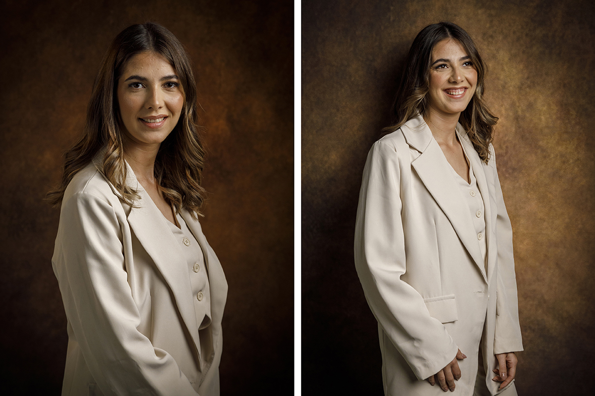 Fotografias da cintura para cima em um fundo castanho.