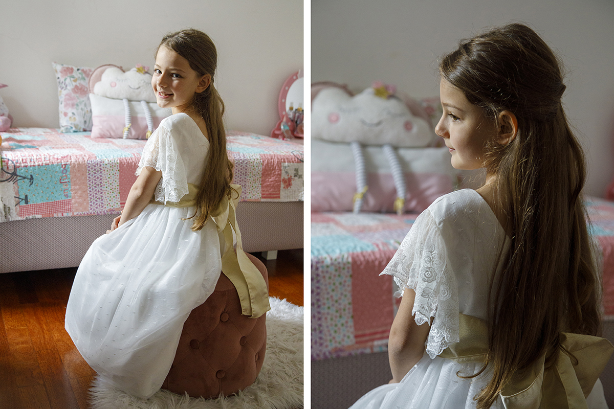 Duas fotografias captam Letícia num pufe rosa. Na primeira, está de costas mas vira a cabeça para a câmara com curiosidade. Na segunda, num plano mais aproximado, a luz da janela realça o seu rosto sério mas doce.