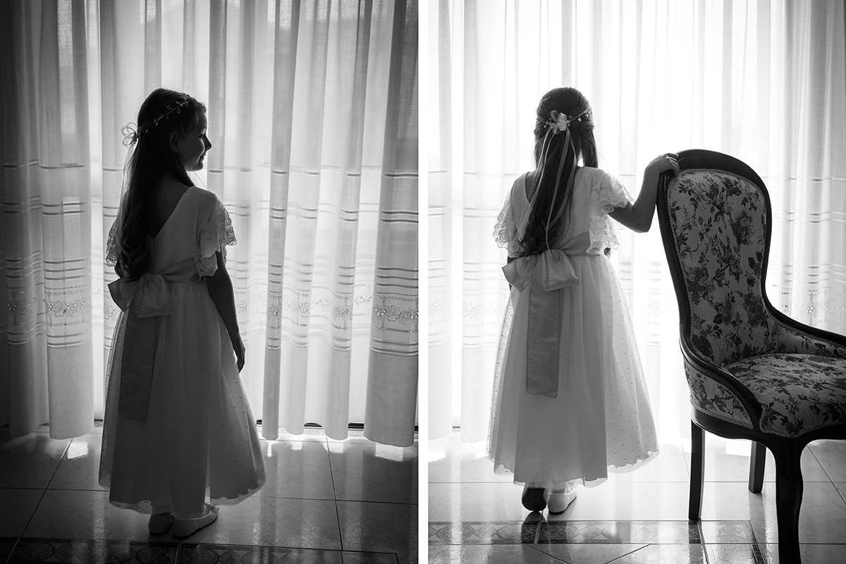 Duas imagens monocromáticas. Na primeira, Letícia está de costas junto à janela, com a cabeça ligeiramente voltada. Na segunda, de frente para a luz, pousa com uma mão no cadeirão, um contraste de sombra e claridade. Fotografos batizado tondela