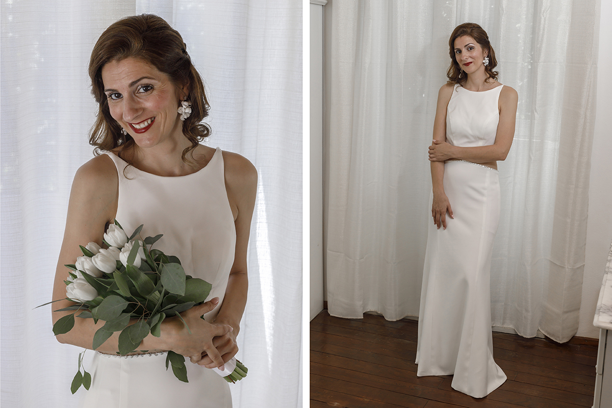 Duas imagens que celebram a beleza e serenidade de Ju. Na primeira, segura o bouquet com um sorriso leve; na segunda, de corpo inteiro, irradia confiança e elegância num momento só seu.