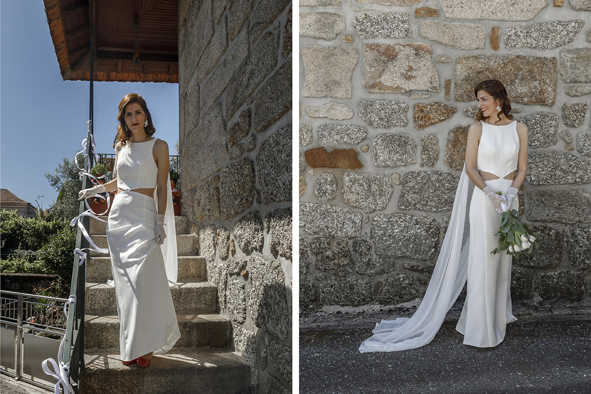 Num plano com duas partes, Ju desce as escadas com graciosidade, depois, já no exterior, posa com naturalidade e bouquet na mão. Dois olhares, a mesma elegância.