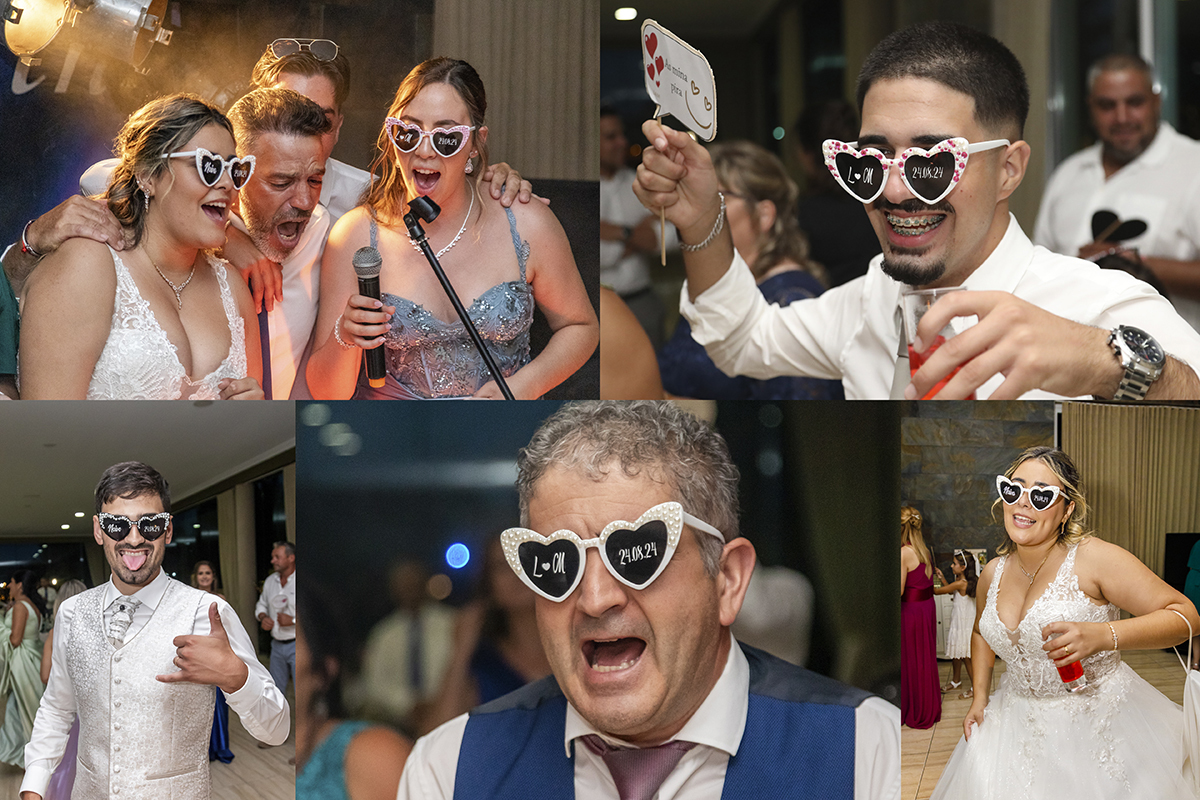 Conjunto de imagens de pessoas com óculos em formato de coração, mostrando alegria e estilo em diferentes ambientes