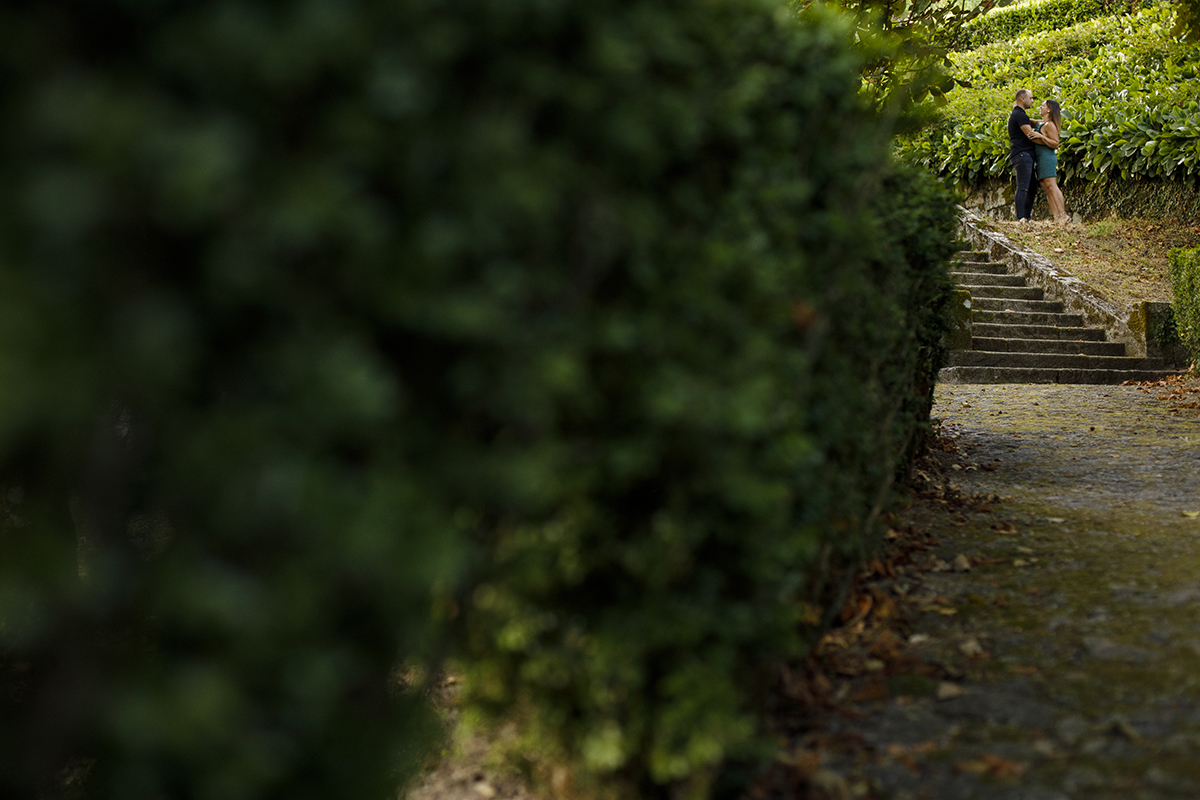 A imagem é dominada por um arbusto verde frondoso, e no pequeno espaço que sobra do lado direito da fotografia vemos os dois abraçados, frente a frente, a sorrirem intensamente um para o outro. É um cantinho secreto só deles, escondido no verde.