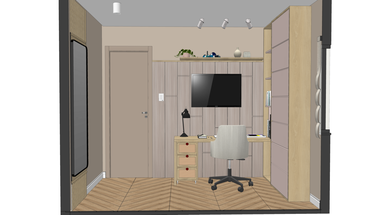 Área do home office com Tv no painel .