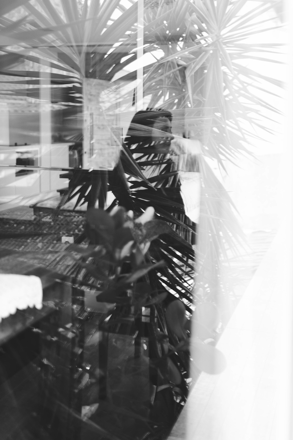 foto em preto e branco pelo vidro de mulher tocando piano. aparece o reflexo de plantas do jardim