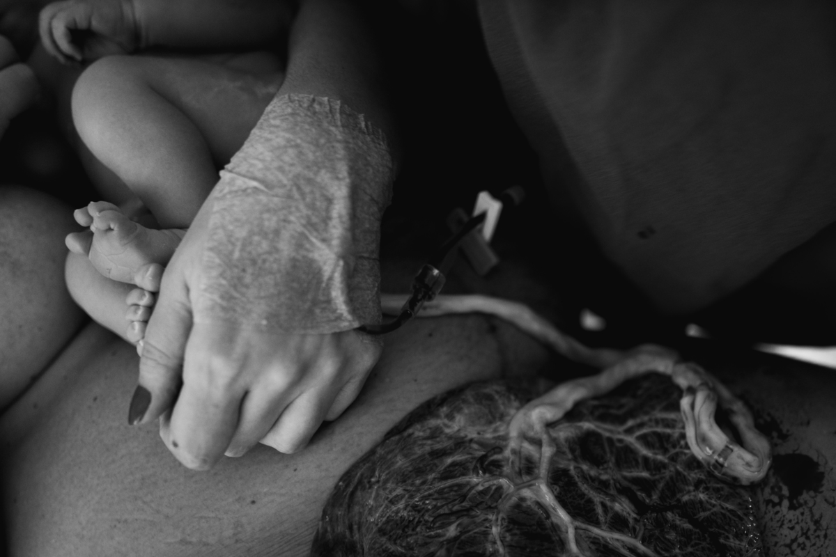 placenta, cordão umbilical, pés do bebê e mão da mãe em preto e branco