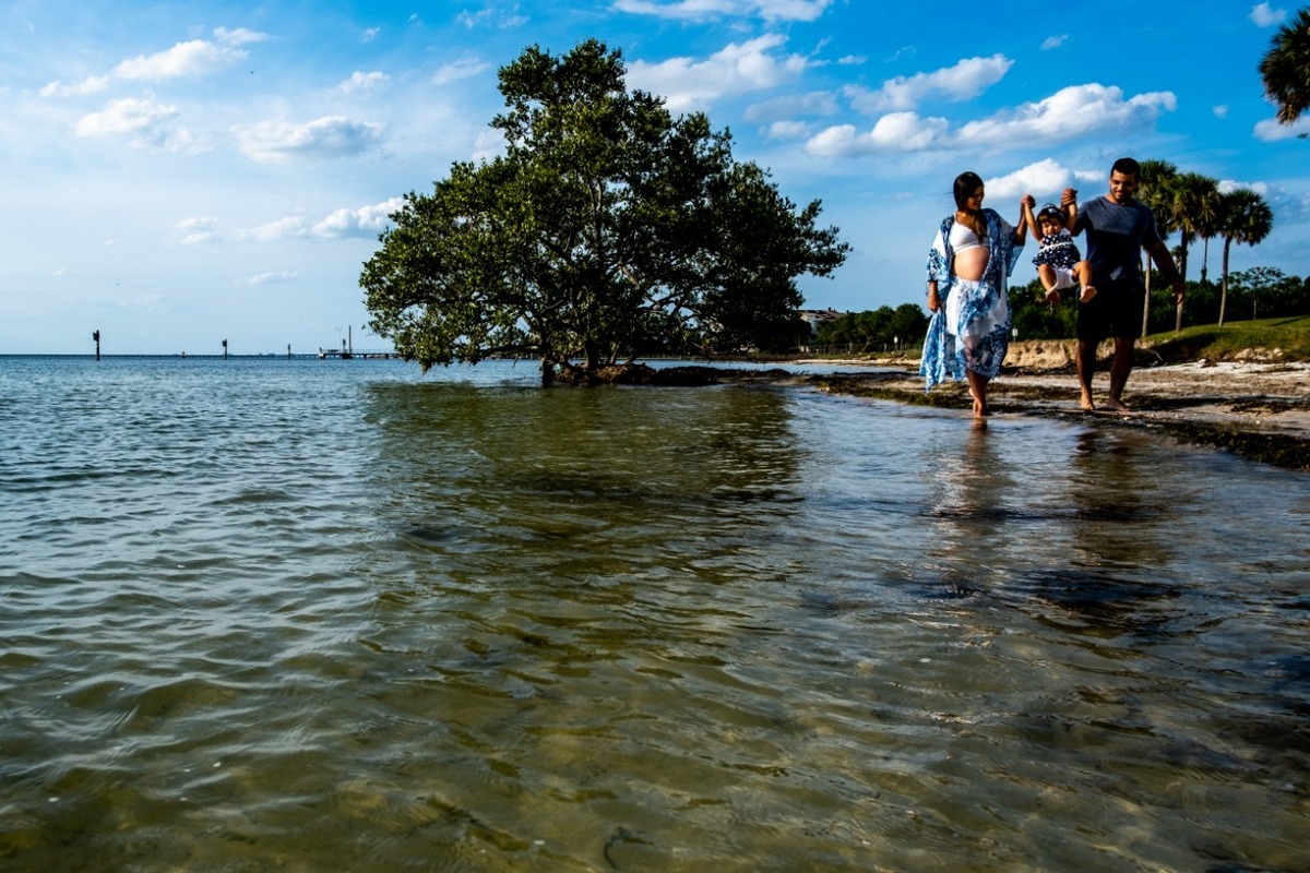 familia caminahndo em praia no litoral dos estados unidos florida tampa fotografia de familia gestante
