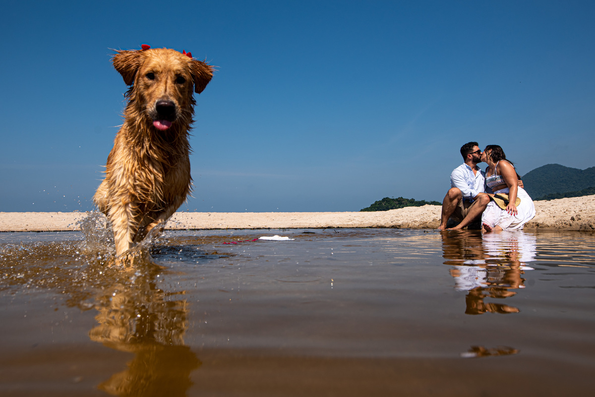 ensaio pre-wedding fotos de casal  com cachorro na praia guarujá sp fotógrafo rafael bigarelli